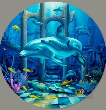 Fish Aquarium Painting - Mystical Dolphins under sea